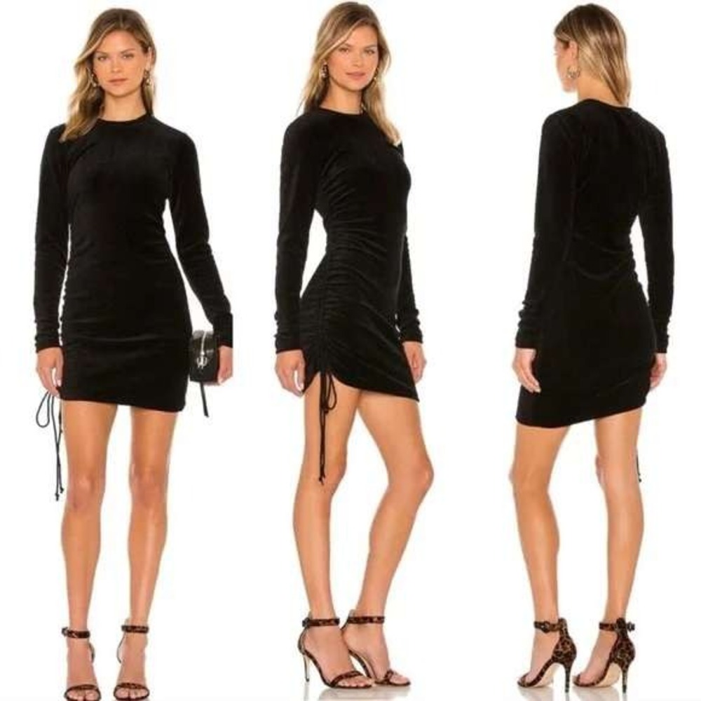 Pam & Gela Black Velour Long Sleeve Cinch Side Adjustable Ruching Mini Dress M
